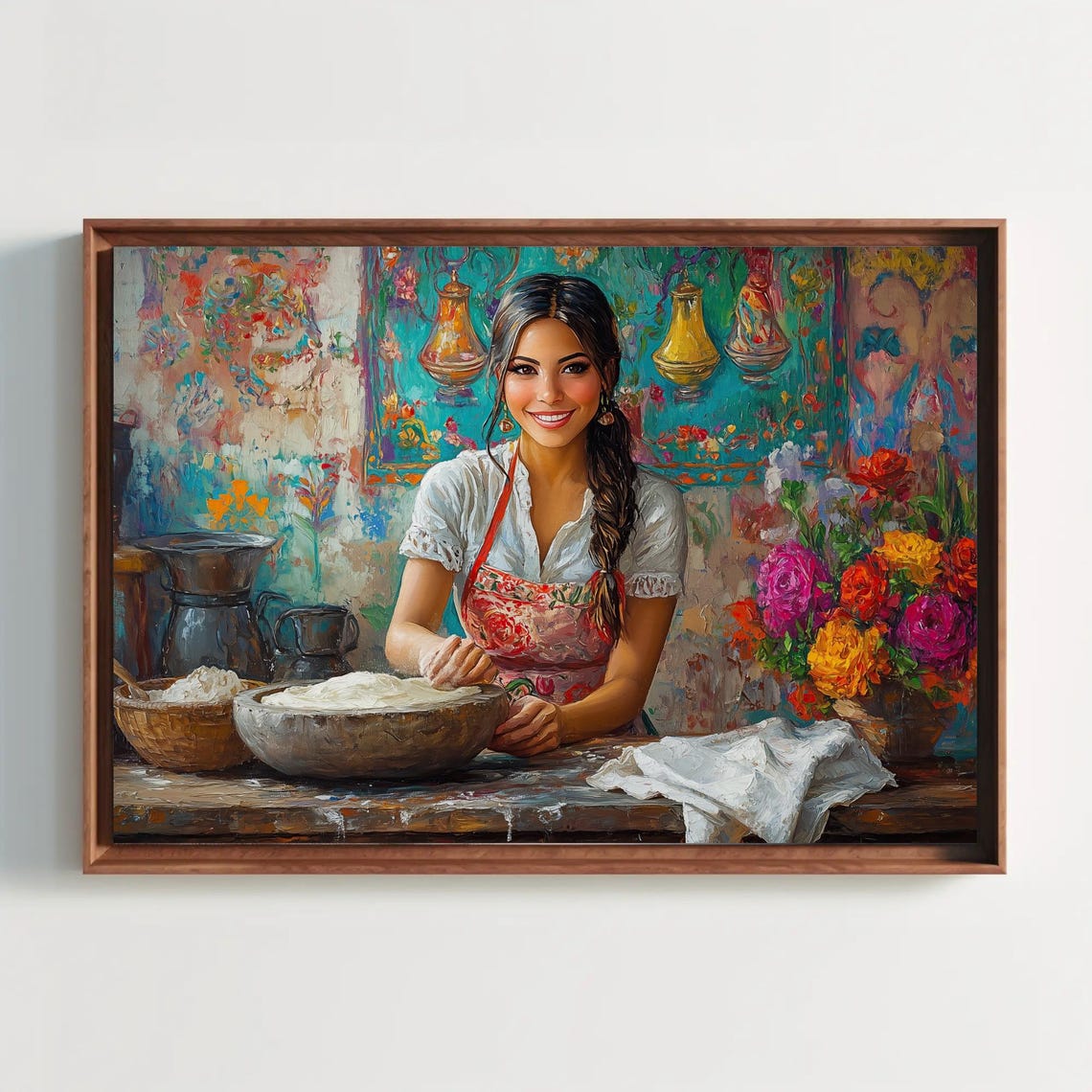 Smiling Mexican Woman Making Tortillas in a Rustic Kitchen Poster