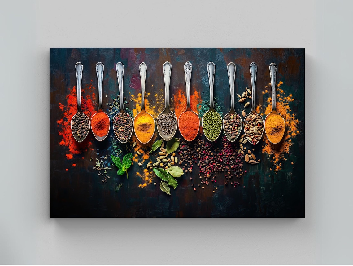 Colorful Spices In A Row Of Silver Spoons Kitchen Art Poster