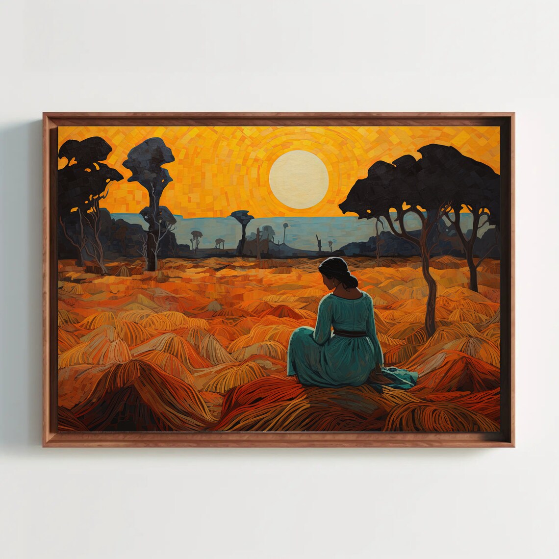 Indian Woman Waiting in a Grass Field, Desi Art Print