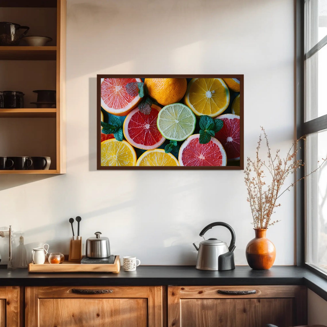 Vibrant Citrus Slices Mint Leaves Close Up Kitchen Art Poster