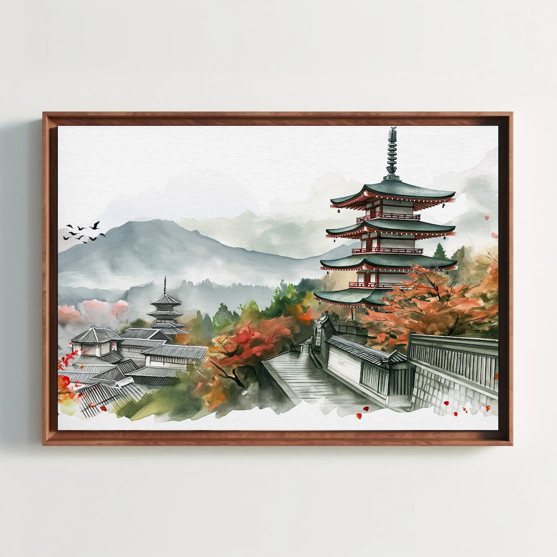 Kyoto Pagoda with Autumn Maples Serene Temple Watercolor Poster