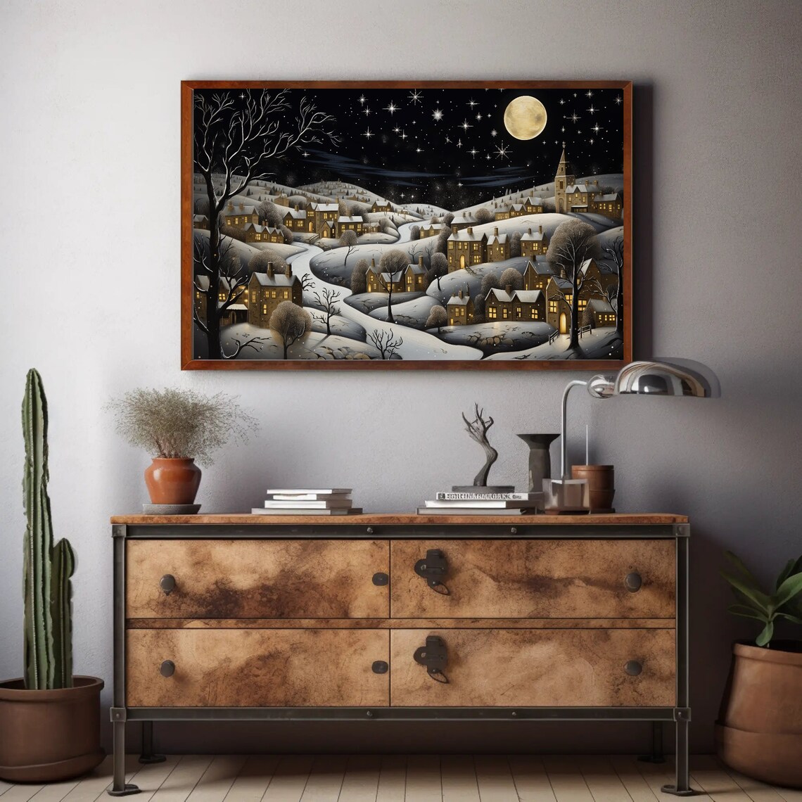 Moonlit Christmas Snow Village Night Scene Holiday Art Poster - Image 2