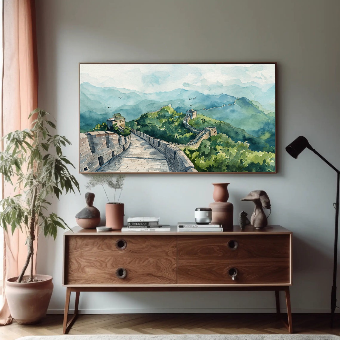 Great Wall Of China Misty Mountains Watercolor Landscape Poster - Image 5