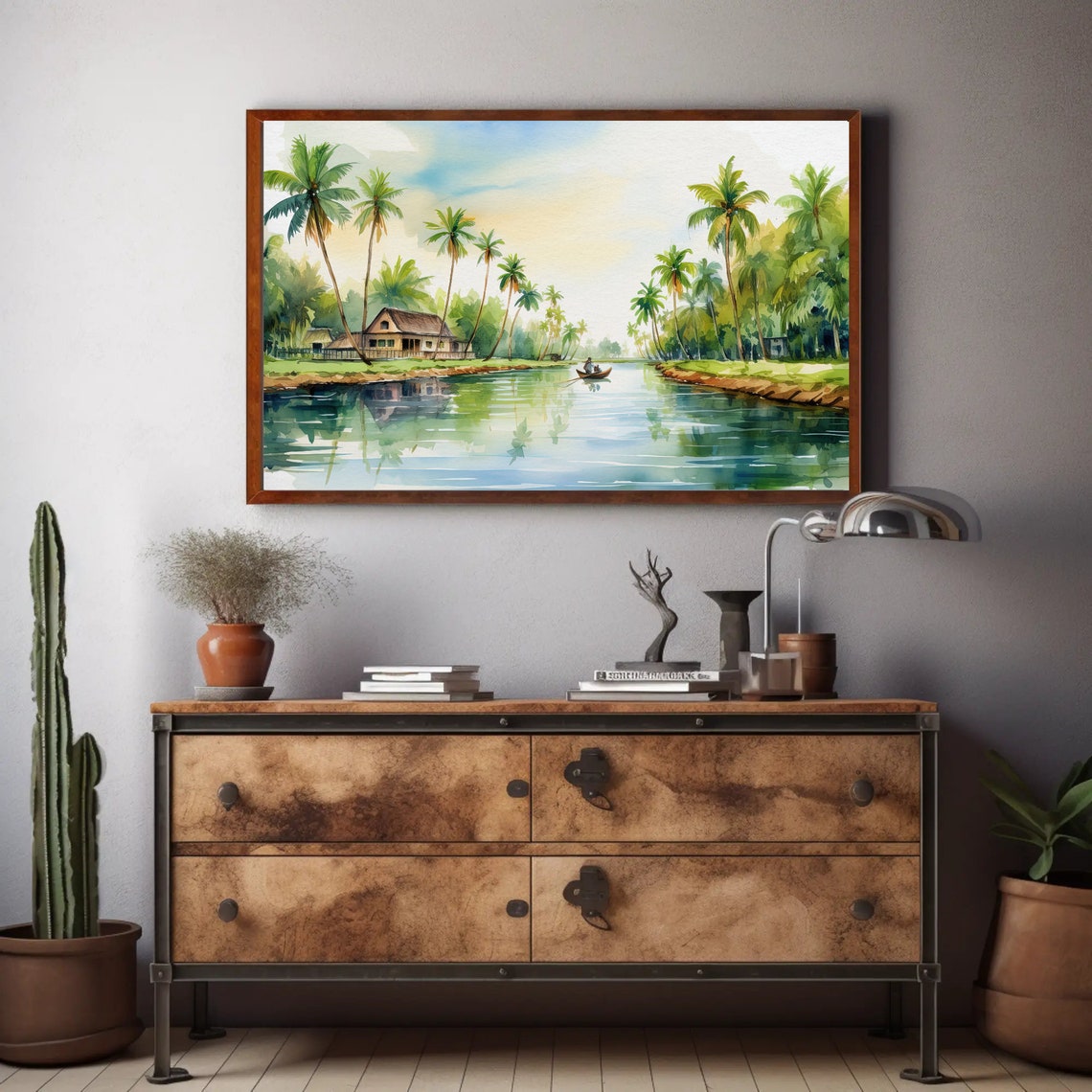 Kerala Backwaters Watercolor Palm Trees River India Landscape Poster - Image 3