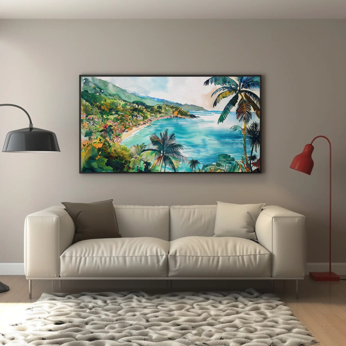 Palm-Fringed Tropical Bay Turquoise Blue Water Watercolor Poster - Image 2