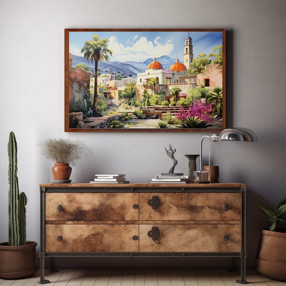 Mexican Colonial Town Orange Domes Bell Tower Garden Scene Poster - Image 2