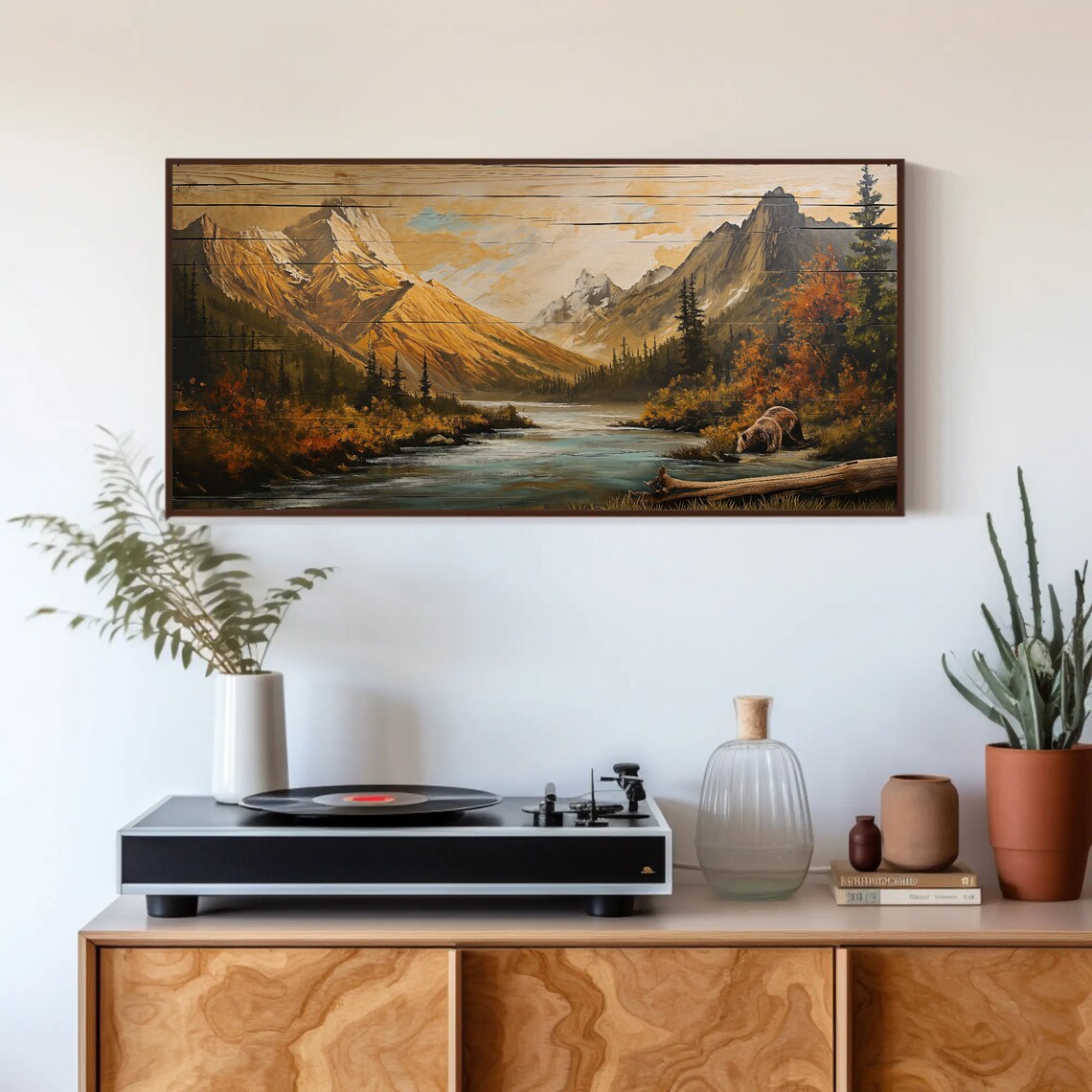 Wood Effect Mountain River Scenery, Rustic Decor Art Print - Image 5