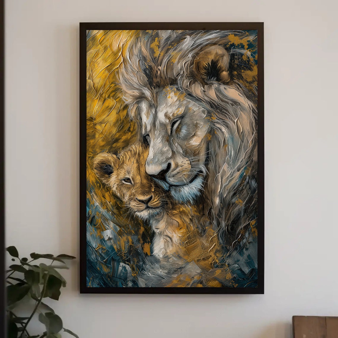 Father Lion Nuzzling Cub Tender Oil Painting Wildlife Wall Poster