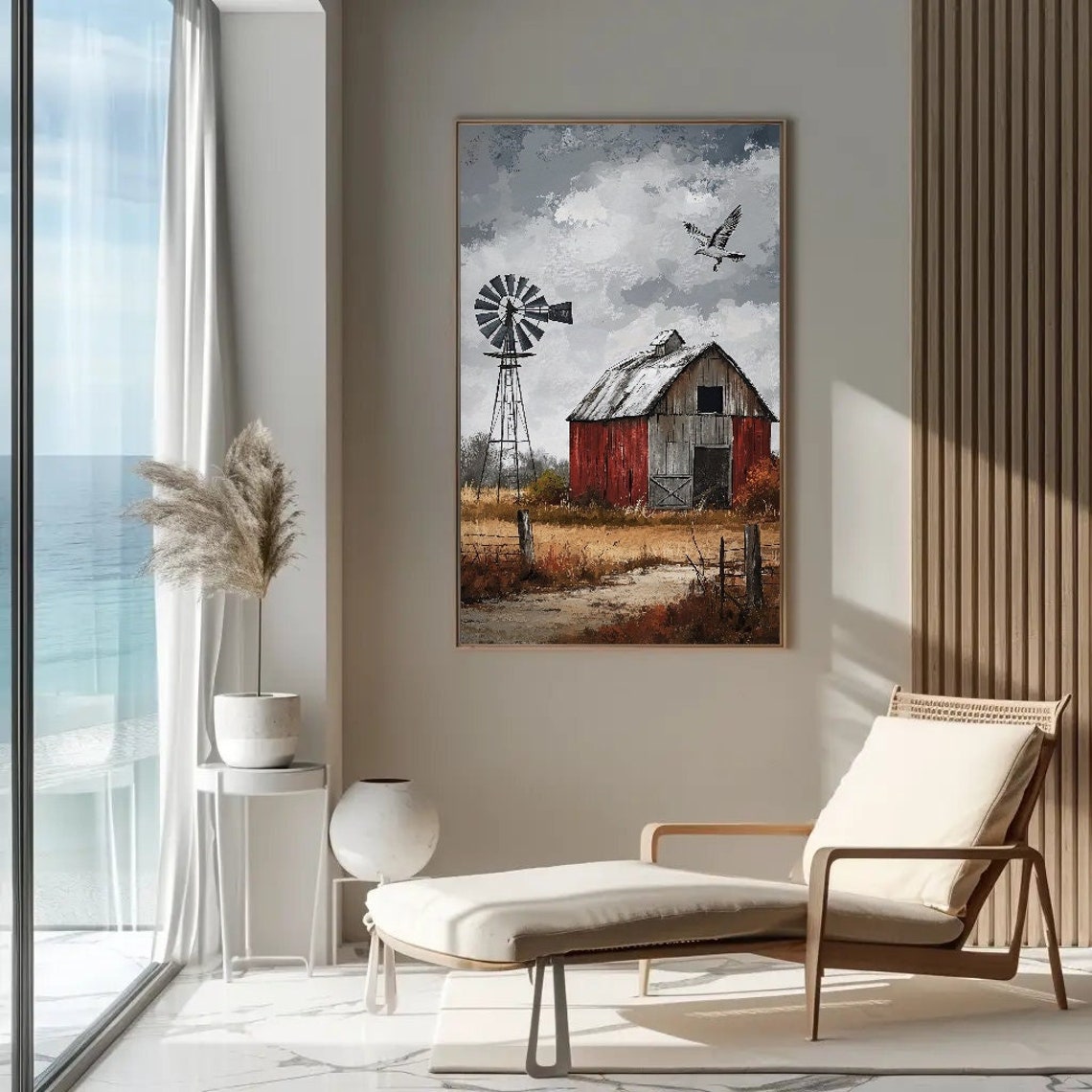 Red Barn Windmill and Seagull Rustic Farm Landscape Poster Moody Sky - Image 4