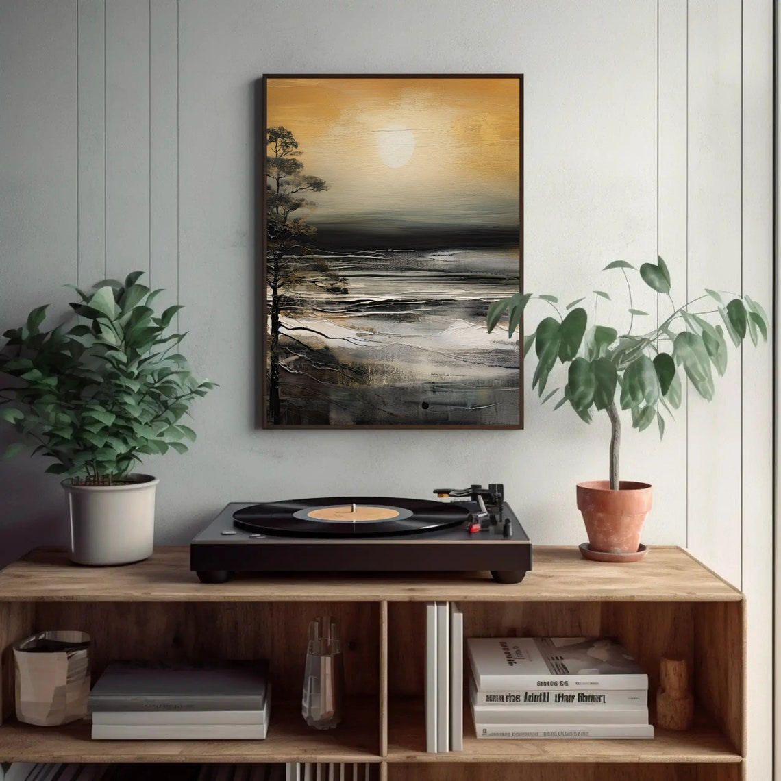 Golden Sunset Over Abstract Ocean With Lone Tree Scene Art Poster - Image 2