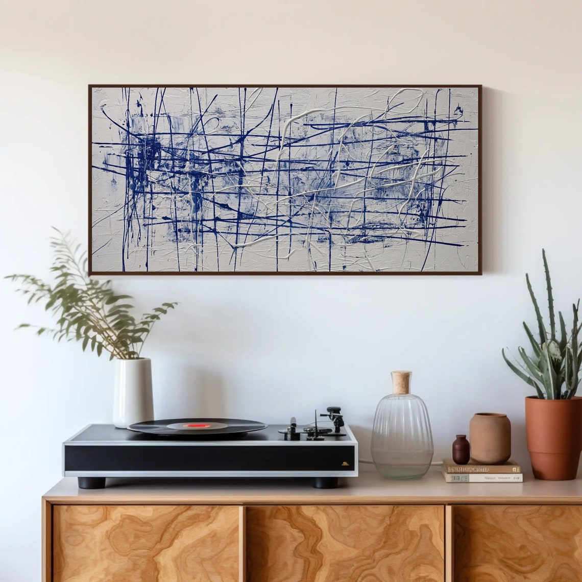 Abstract Navy Blue Line Scribbles on White Textured Modern Art Poster - Image 3