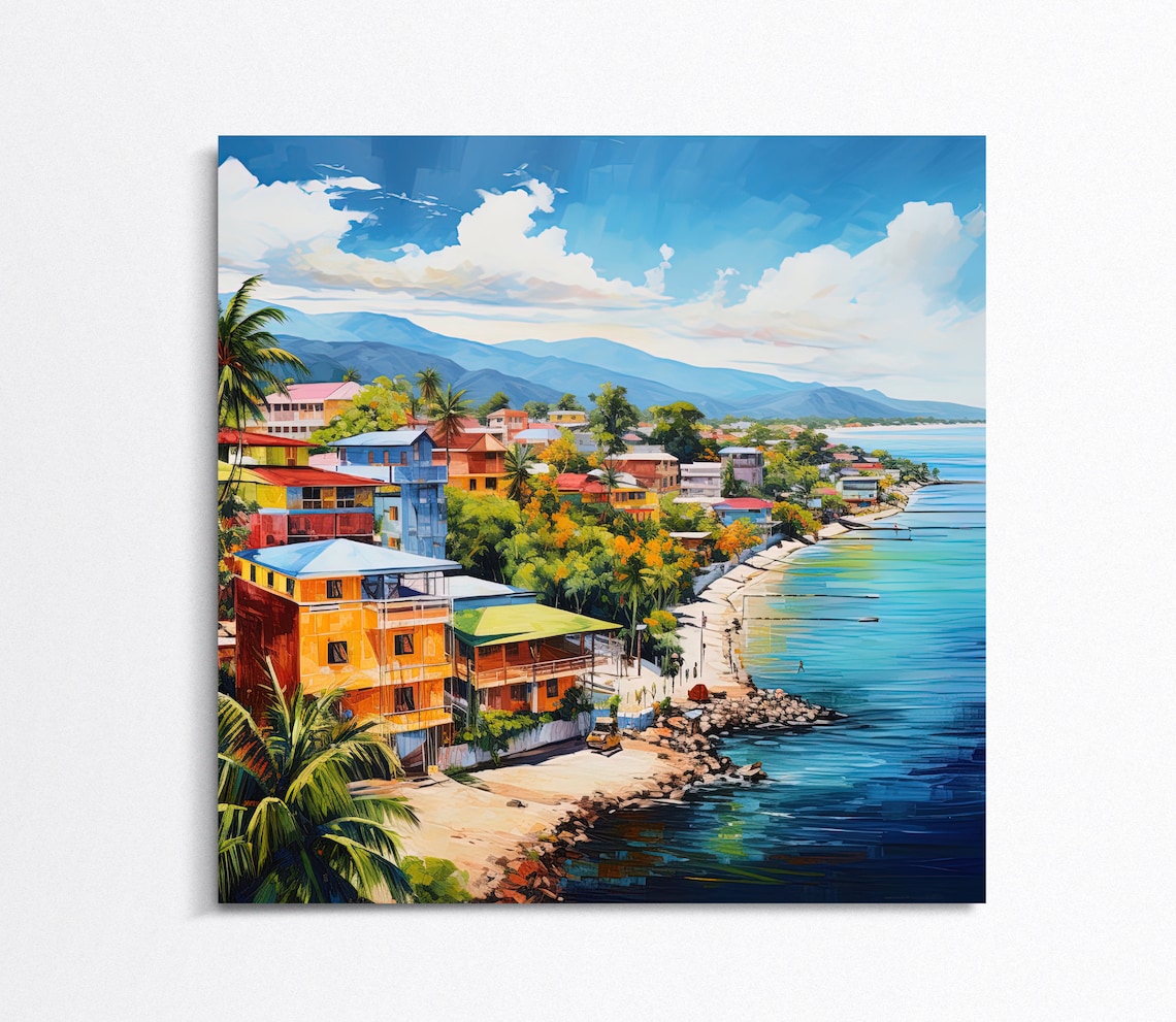 Colorful Kingston Jamaica Waterfront Town and Harbor Scene Poster