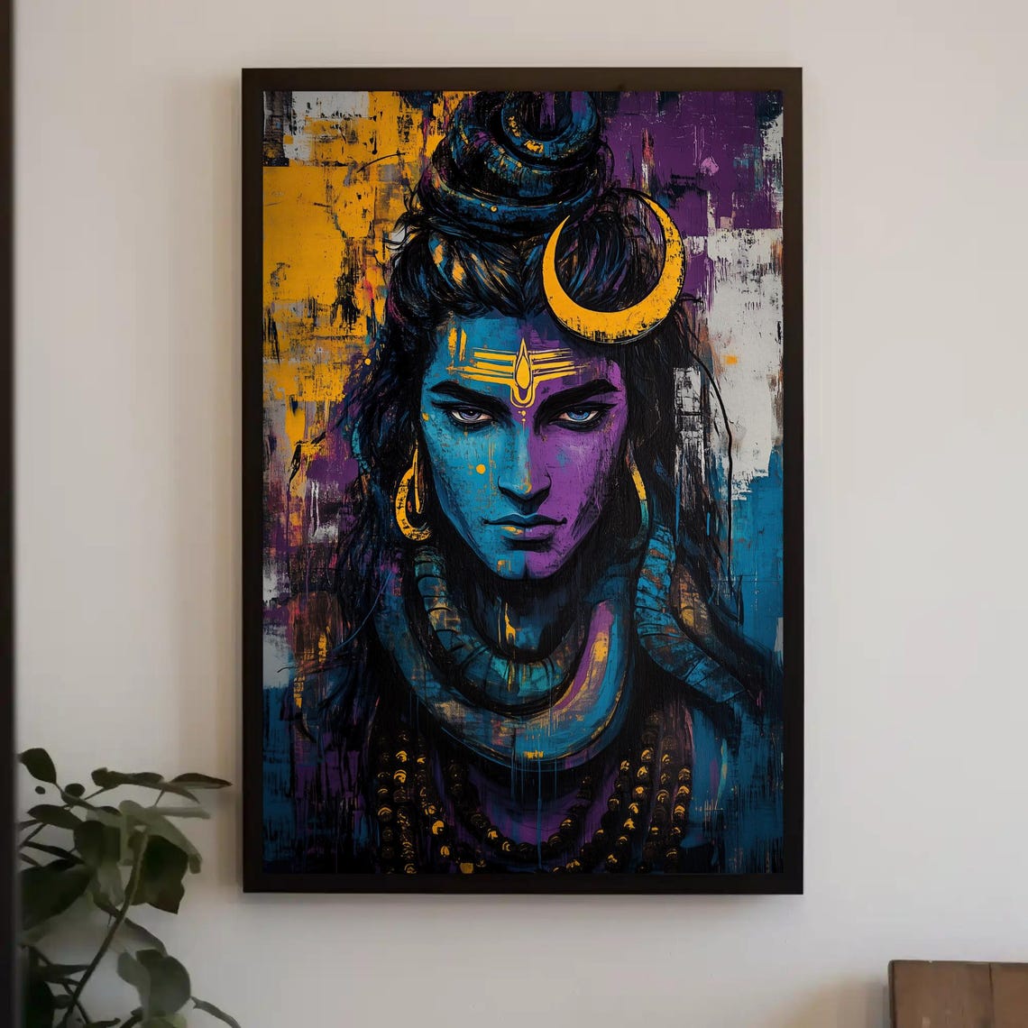 Lord Shiva Modern Portrait with Crescent Moon Blue Art Poster