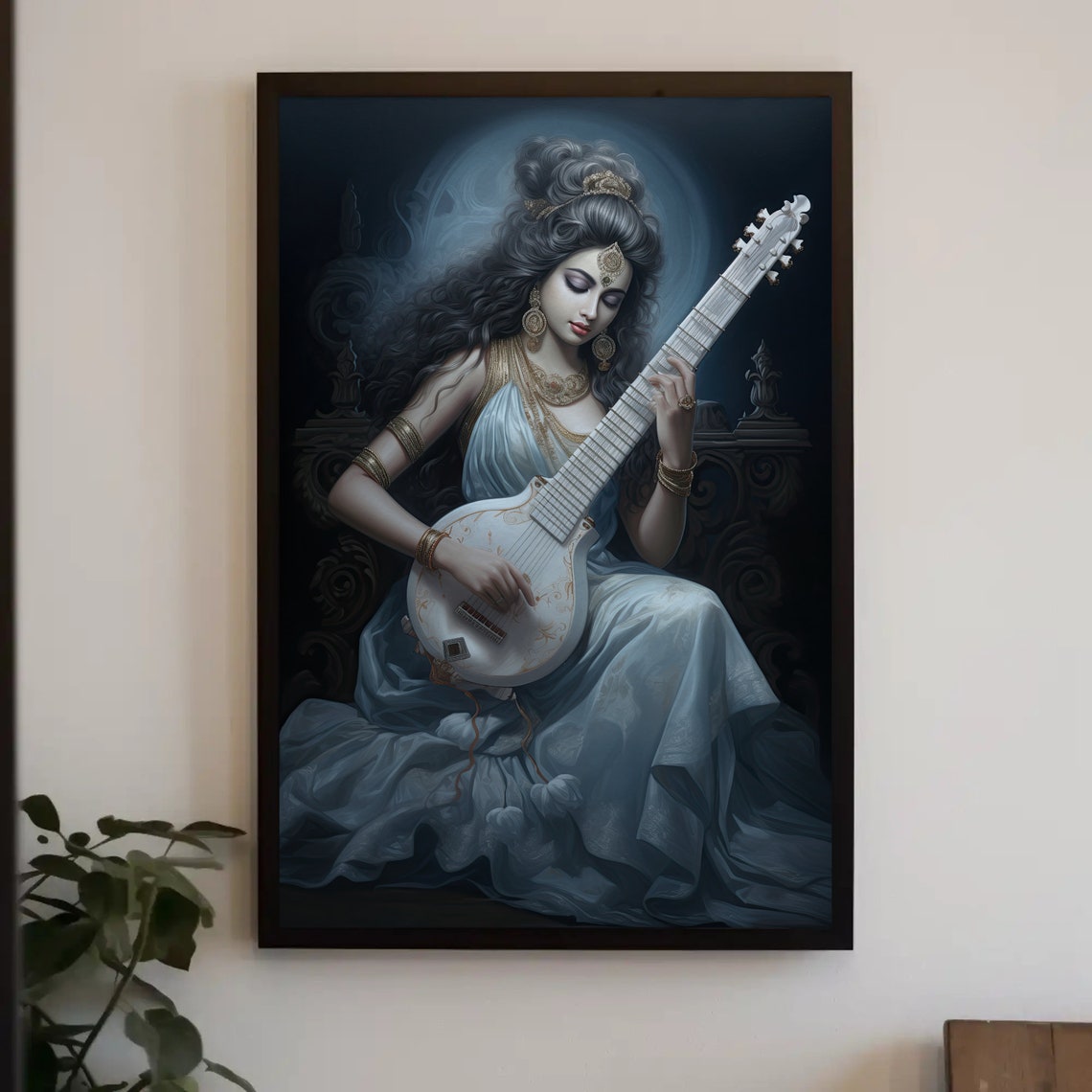 Hindu Goddess Saraswati Veena Blue Saree Deity Painting Wall Art