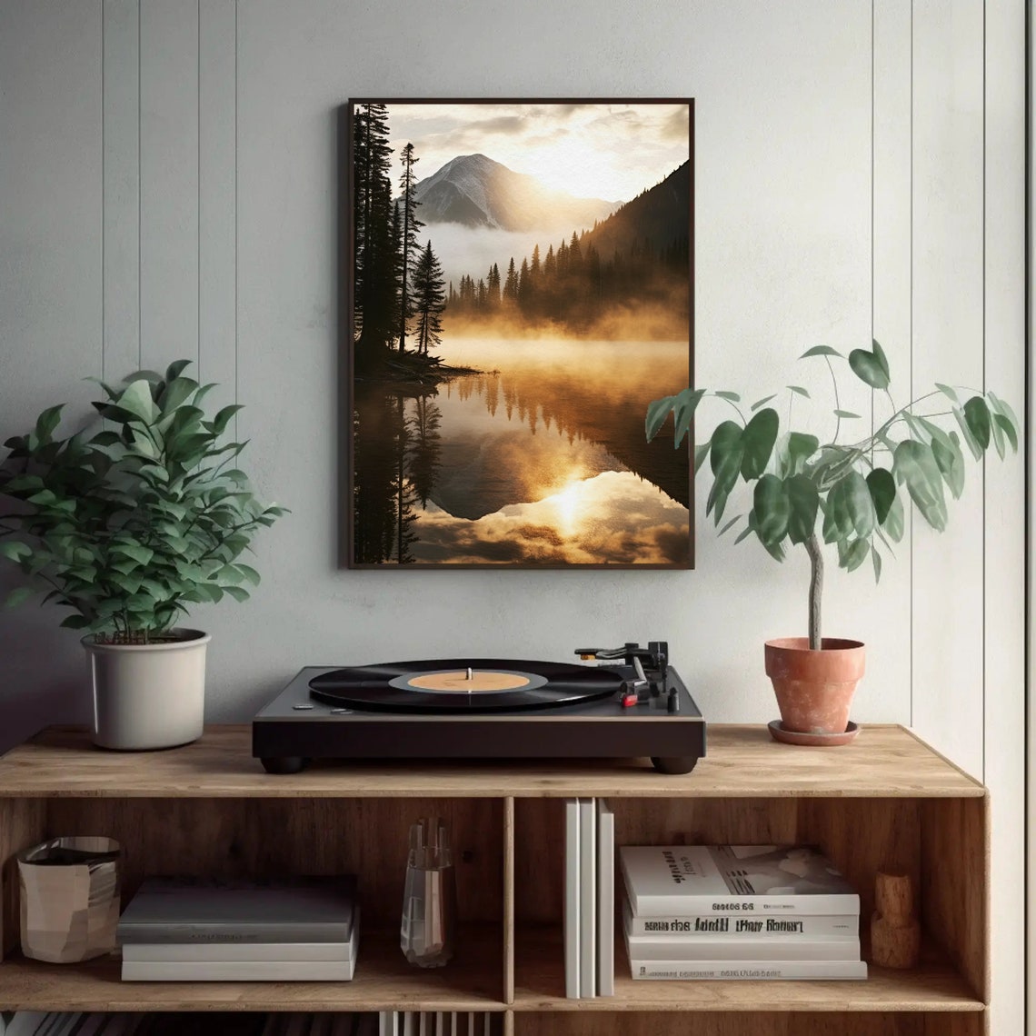 Golden Sunrise Mountain Lake Misty Reflection Nature Scene Poster - Image 4