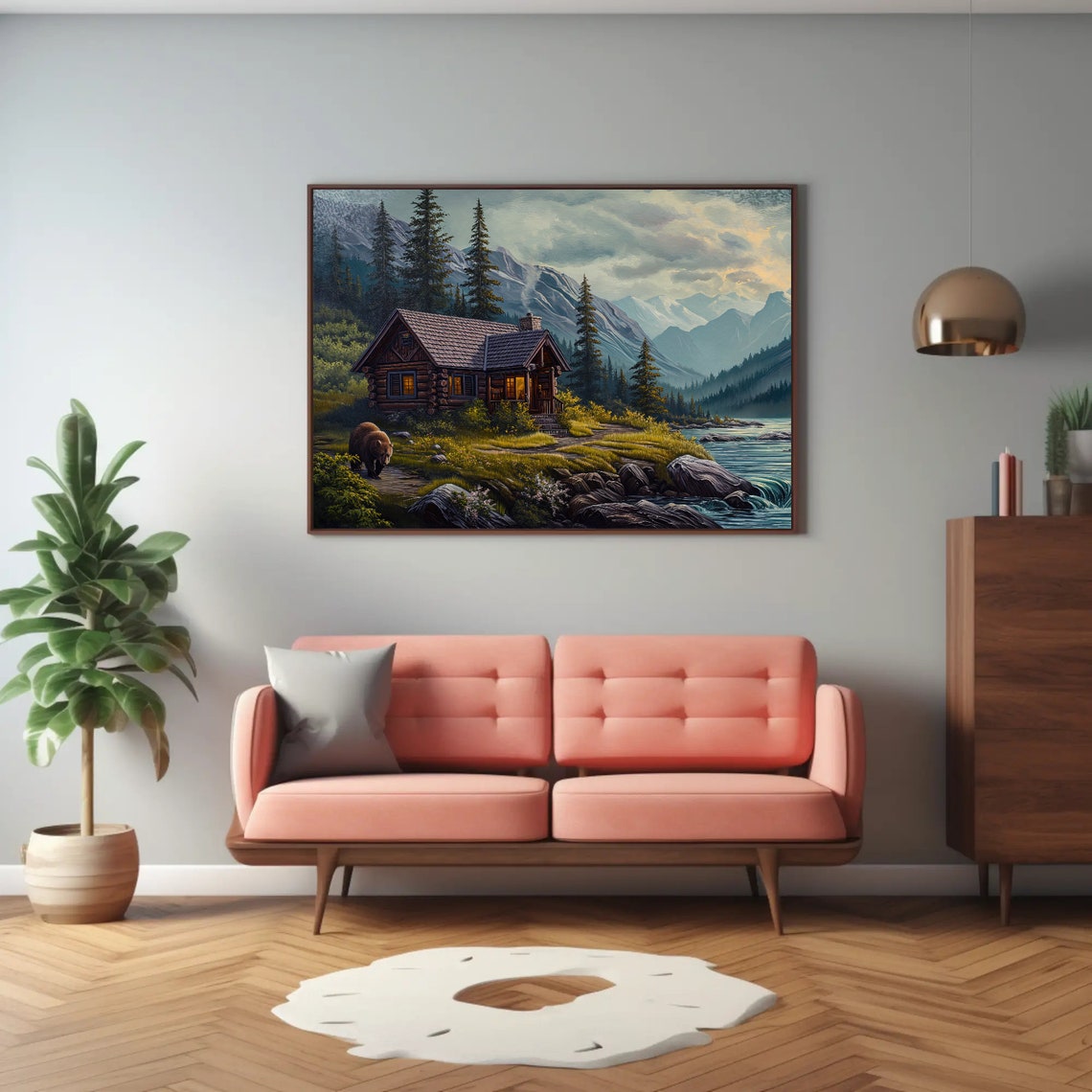 Log Cabin by River with Bear and Mountain Peaks Painting Poster - Image 3