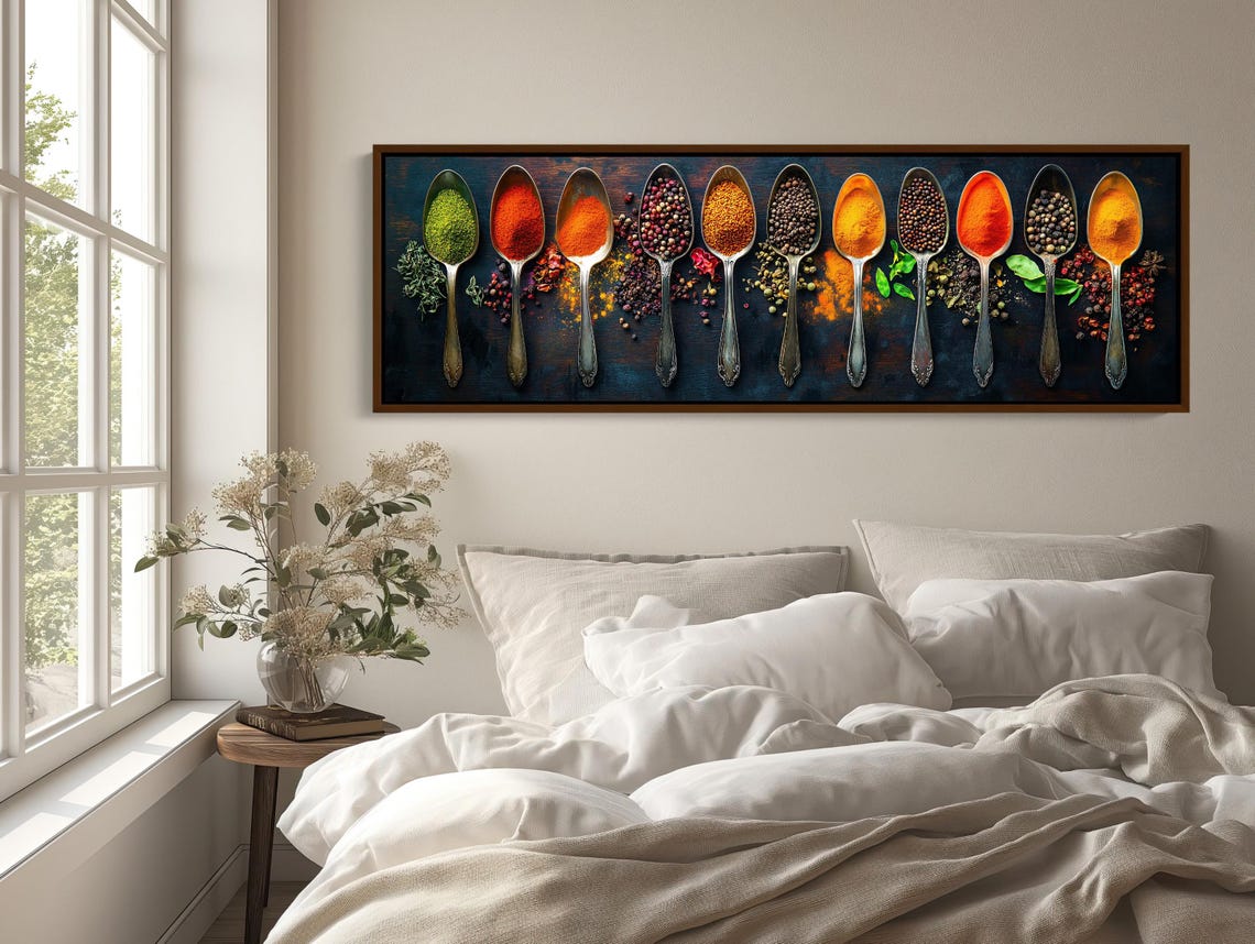 Panoramic Row Of Spice Spoons On A Dark Wall Kitchen Art Poster - Image 2