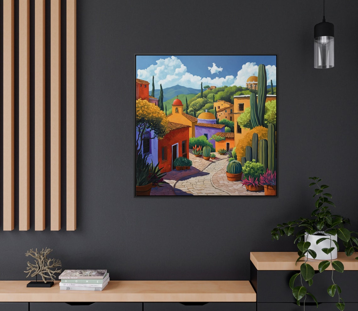 Colorful Mexican Hillside Town Church Domes Cacti Painting Poster - Image 2