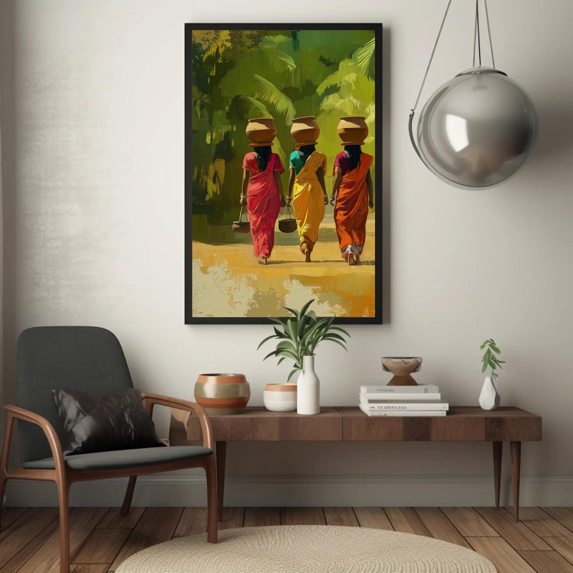 Indian Village Women Carrying Pots Print Traditional Indian Women In Sarees Cultural Vertical Wall Art Indian Heritage Painting - Image 4