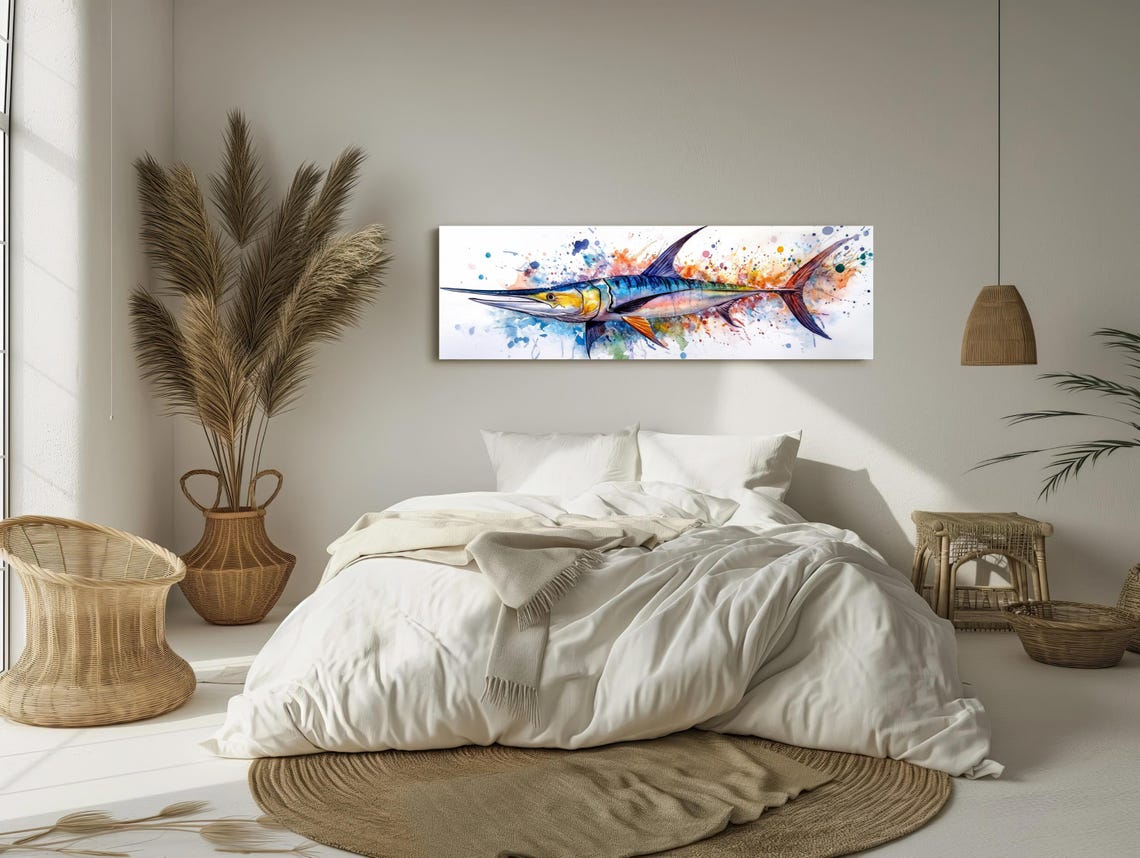 Blue Marlin Watercolor Splash Panoramic Ocean Fish Art Poster - Image 2