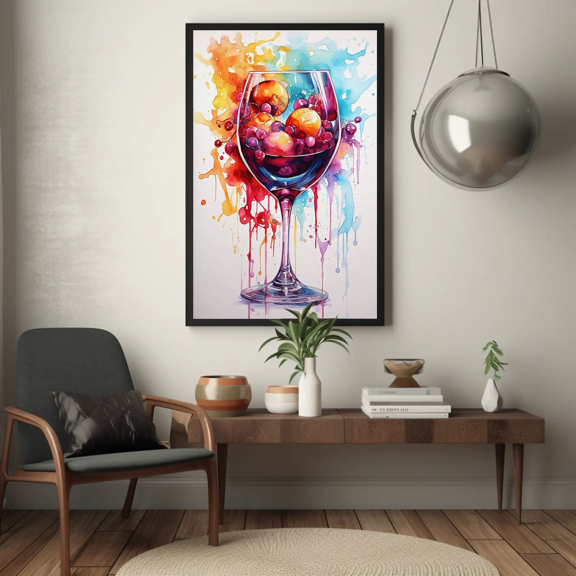 Wine Glass With Fruits Colorful Watercolor Splash Kitchen Wall Art - Image 4