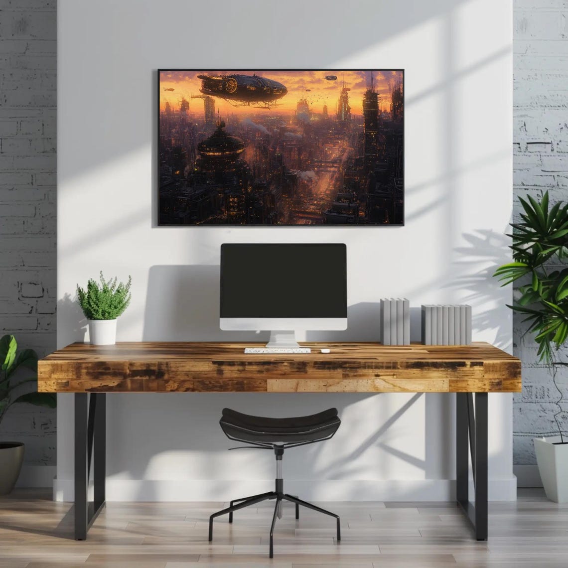 Steampunk Cityscape with Floating Airships at a Fiery Sunset Poster - Image 3