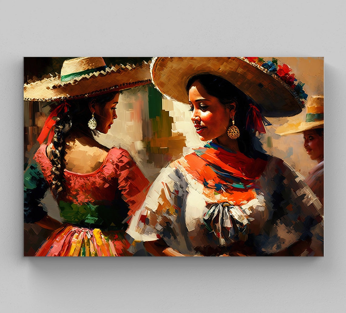 Mexican Women Dancing at Festival Traditional Sombrero Art Poster