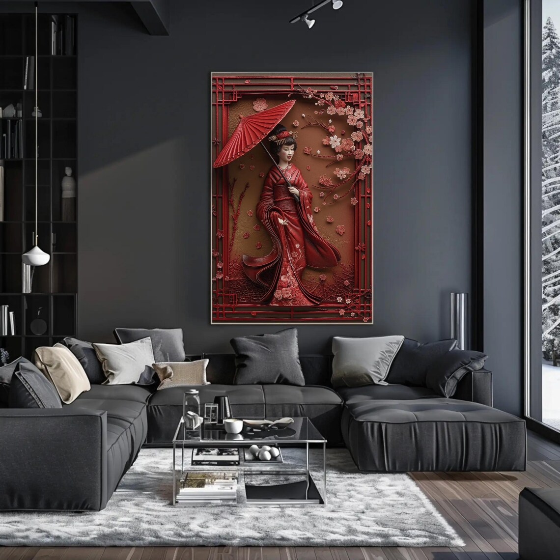 3D Japanese Geisha With Umbrella Art Print, Elegant - Image 4