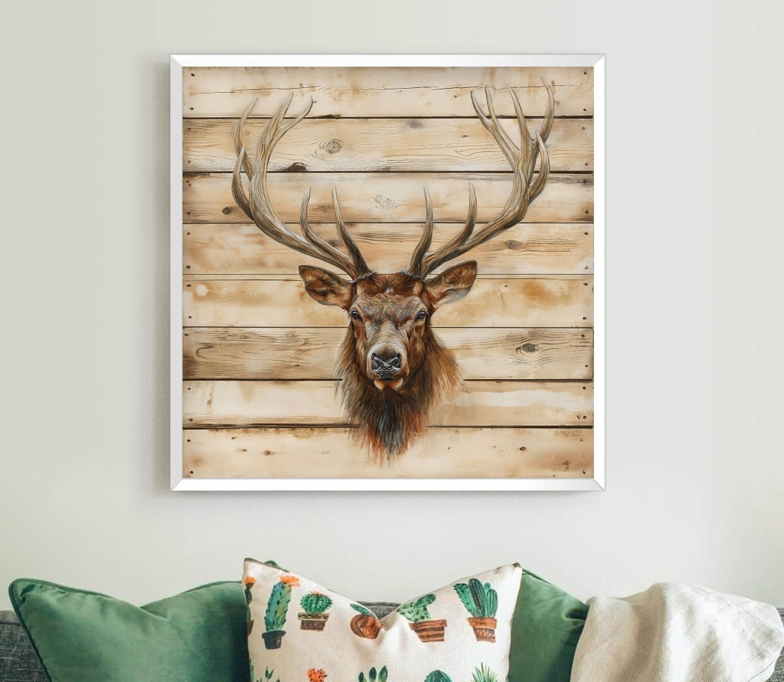 Majestic Elk Stag Head Portrait On Rustic Wood Plank Cabin Poster - Image 4