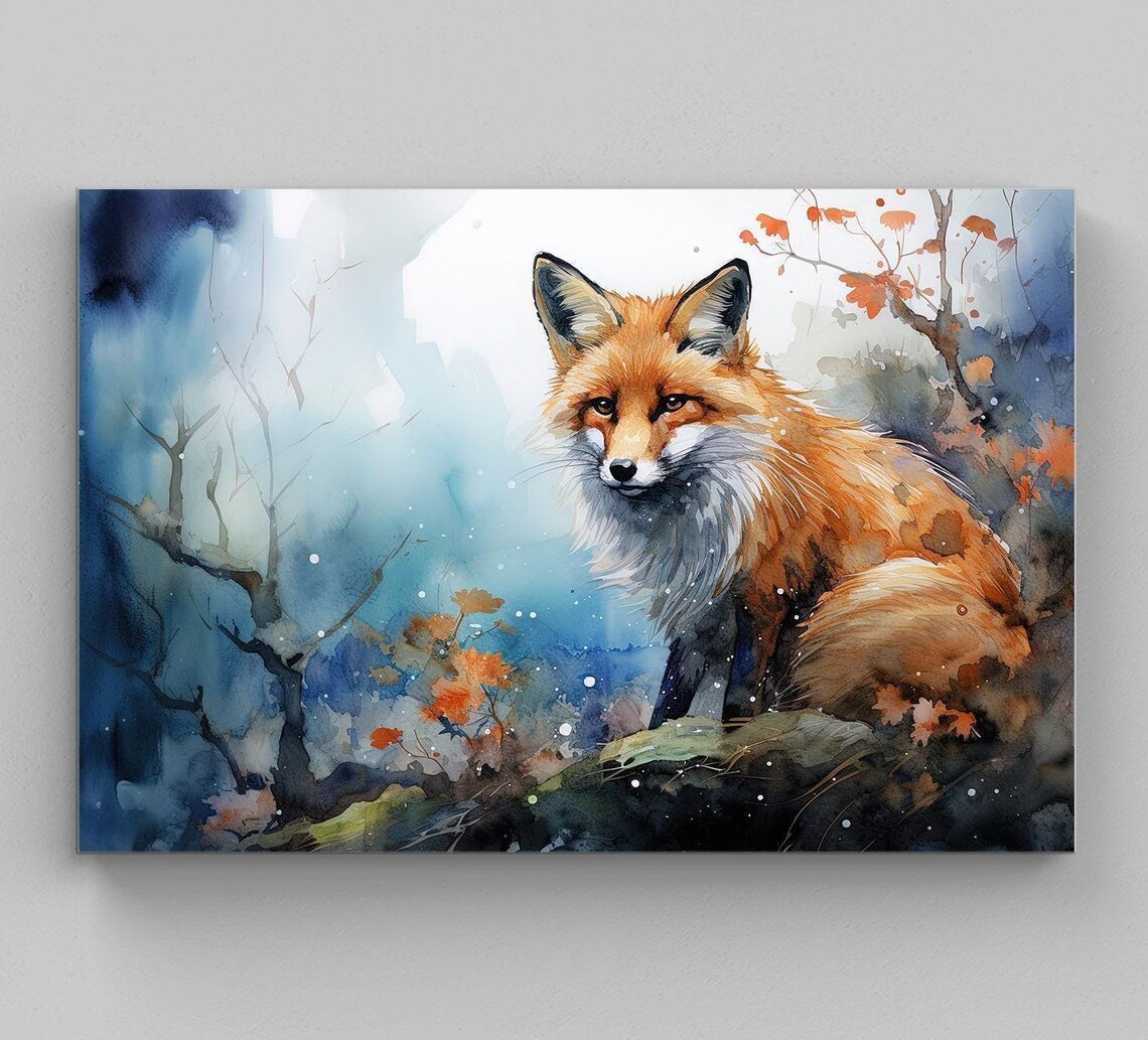 Red Fox Sitting Among Autumn Leaves Watercolor Wildlife Poster