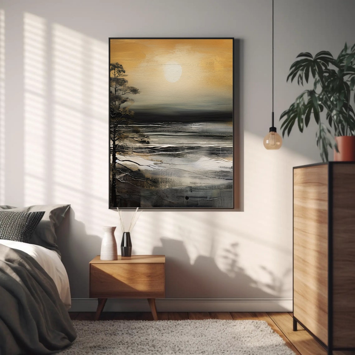 Golden Sunset Over Abstract Ocean With Lone Tree Scene Art Poster - Image 4