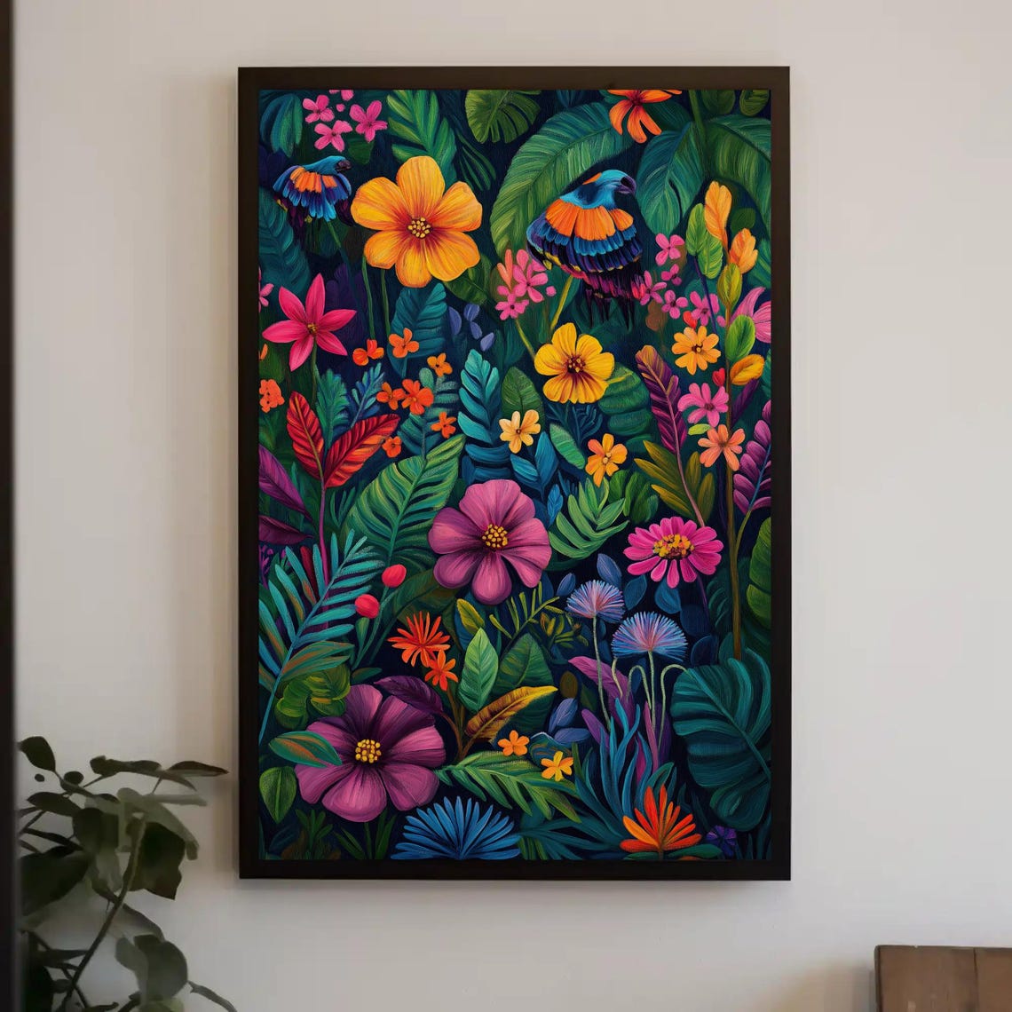 Vibrant Tropical Flowers And Colorful Parrots Vertical Wall Art