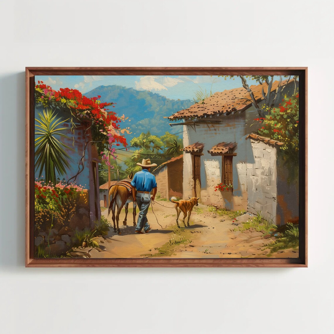 Mexican Village Oil Painting, Man With Dog and Donkey
