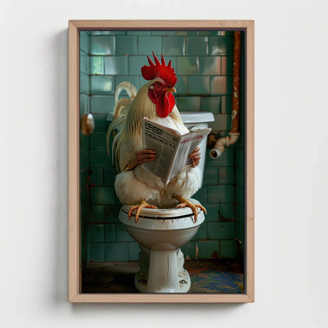 Rooster Reading Newspaper on Toilet Funny Farmhouse Bathroom Poster