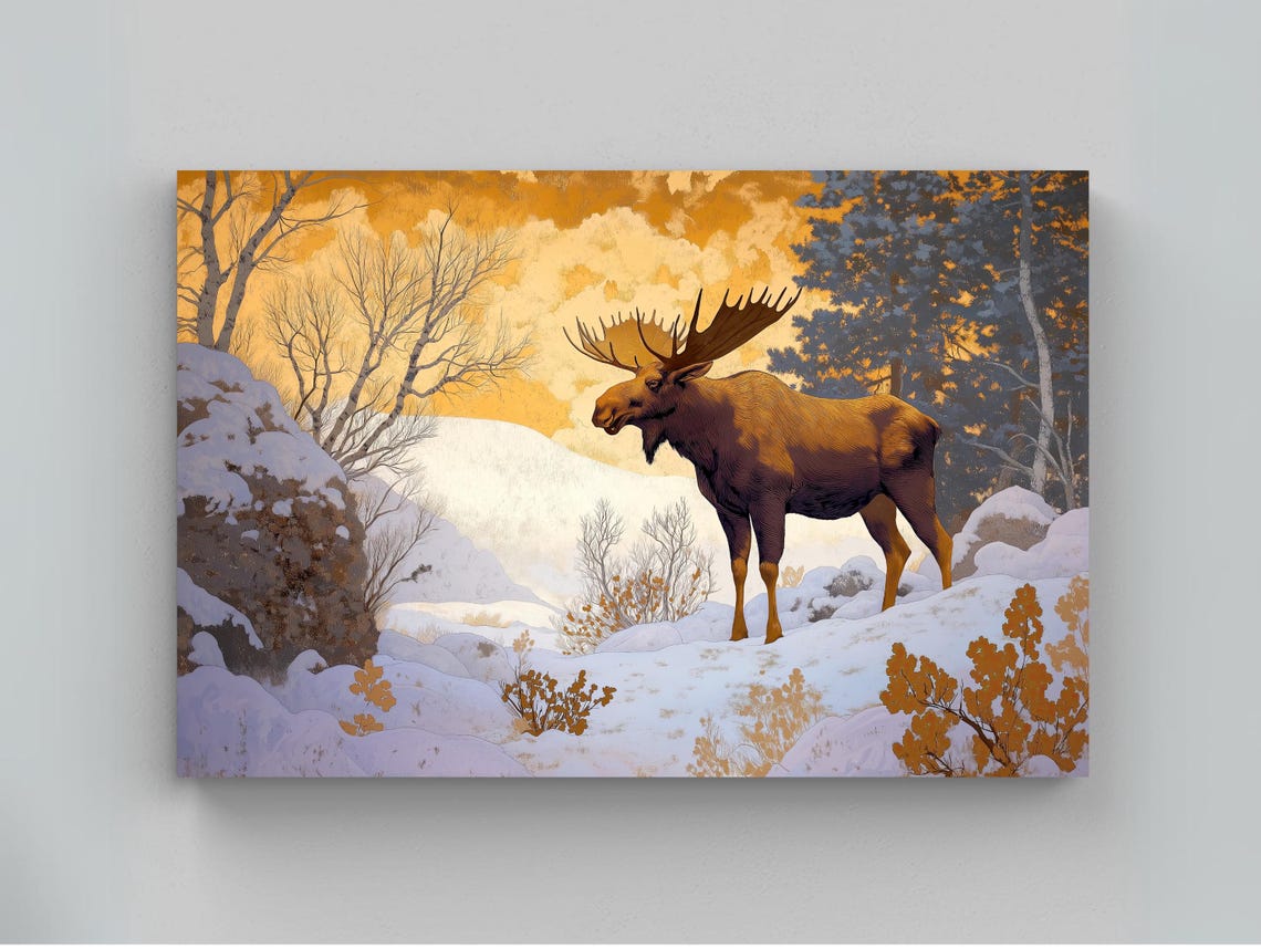 Moose Snowy Winter Glowing Golden Sky Frosted Forest Wildlife Poster
