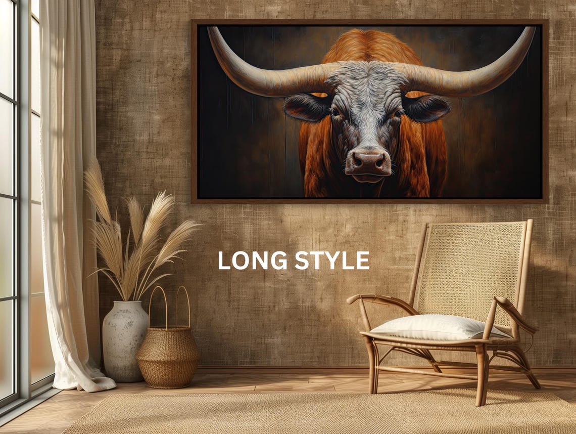 Longhorn Bull Close Up Against Dark Dramatic Background Poster - Image 5