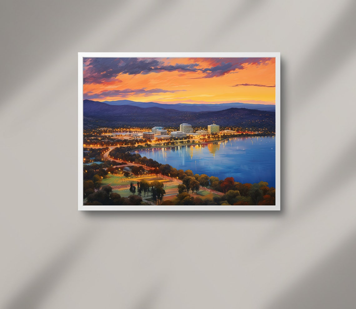 Canberra Australia Lakeside Cityscape at Sunset Oil Art Poster - Image 3