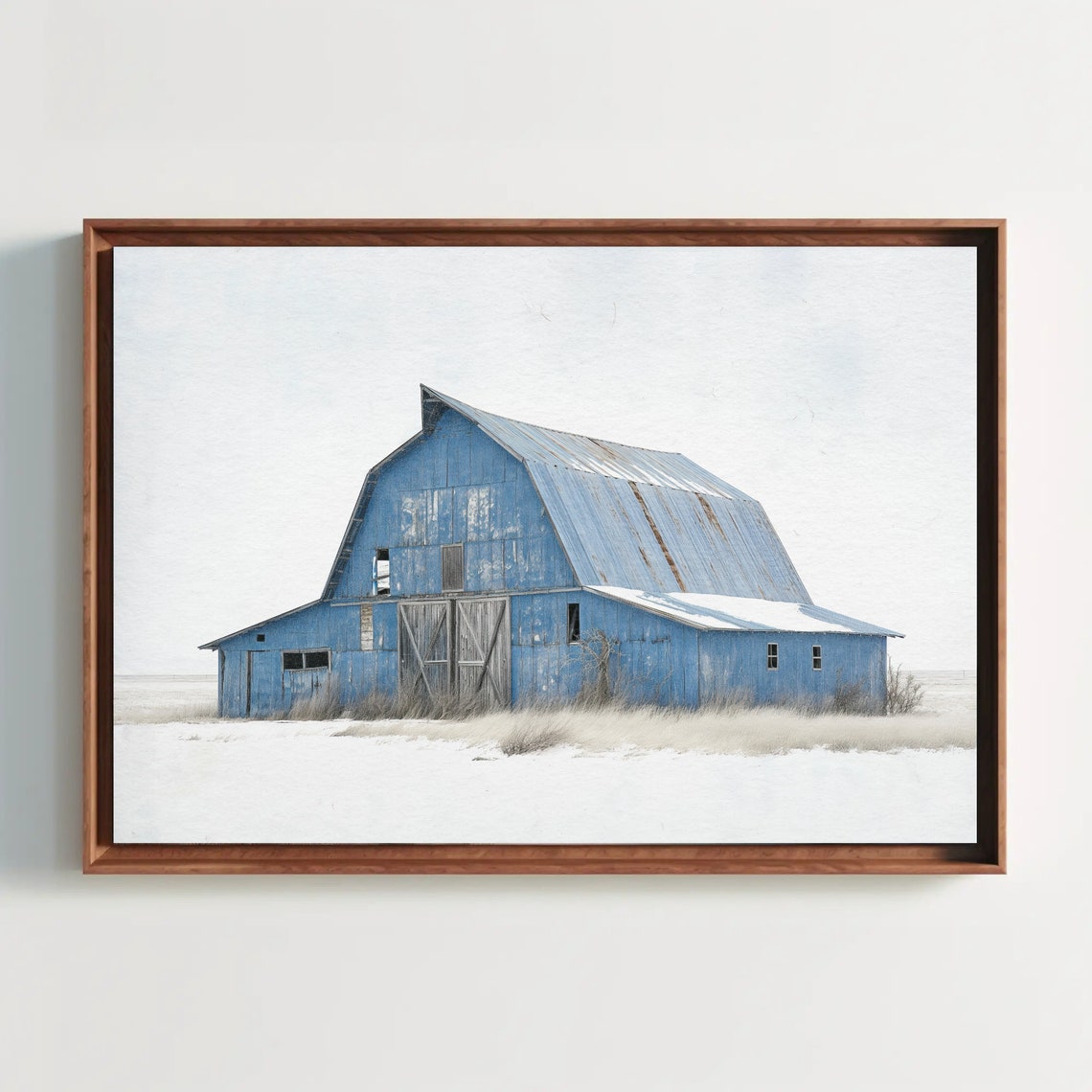 Weathered Blue Barn Standing In Snow Minimalist Winter Farm Poster
