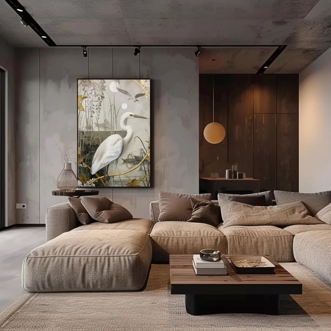 Gold White Great Egret Moonlit Reeds Chinoiserie Style Wall Art - Image 5