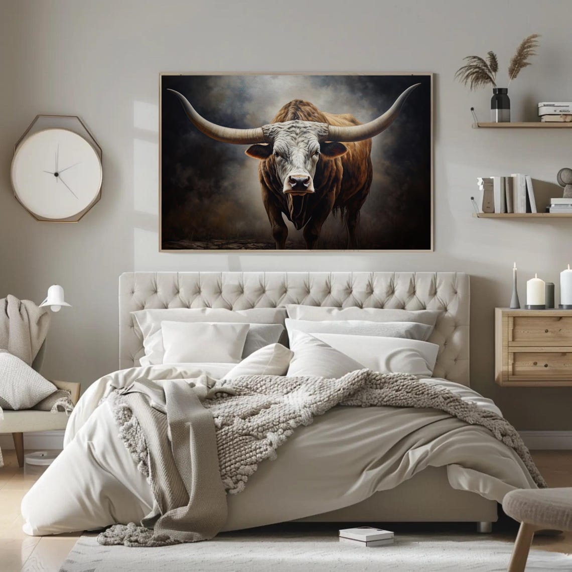 Texas Longhorn Bull Dramatic Dark Farmhouse Oil Painting Poster - Image 2