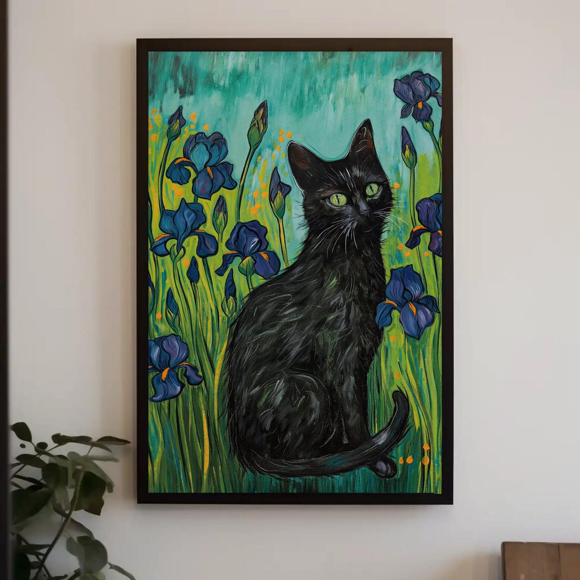 Black Cat Sitting Among Purple Irises Van Gogh Style Cute Pet Poster