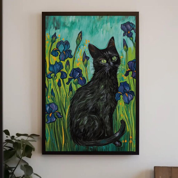 Black Cat Sitting Among Purple Irises Van Gogh Style Cute Pet Poster