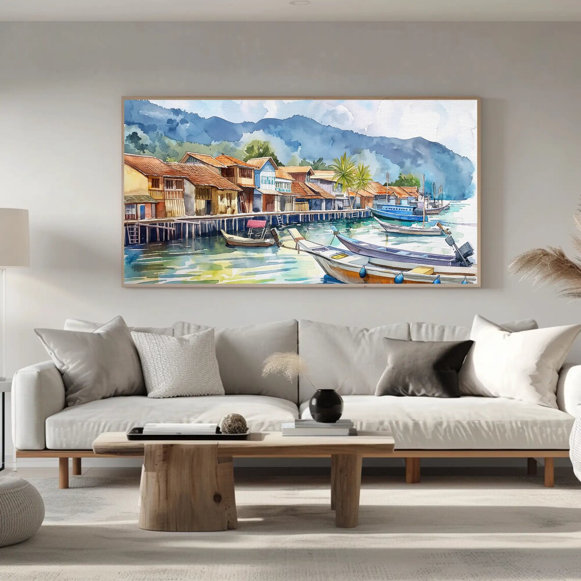 Tropical Fishing Village With Wooden Boats Watercolor Harbor Poster - Image 5