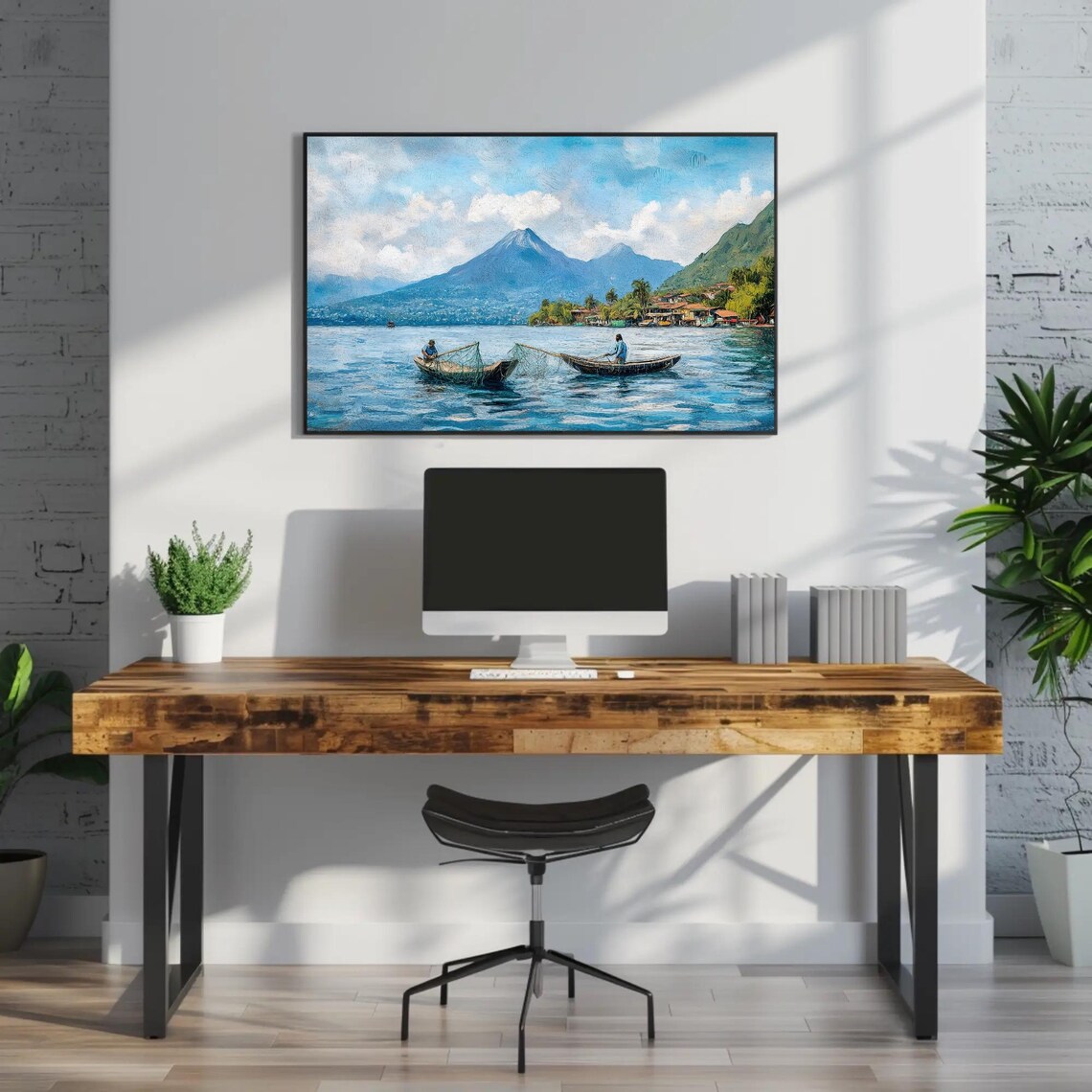 Guatemalan Fishermen On Lake Atitln Print Scenic Guatemala Landscape Painting Cultural Wall Art For Living Room Or Office Decor - Image 2