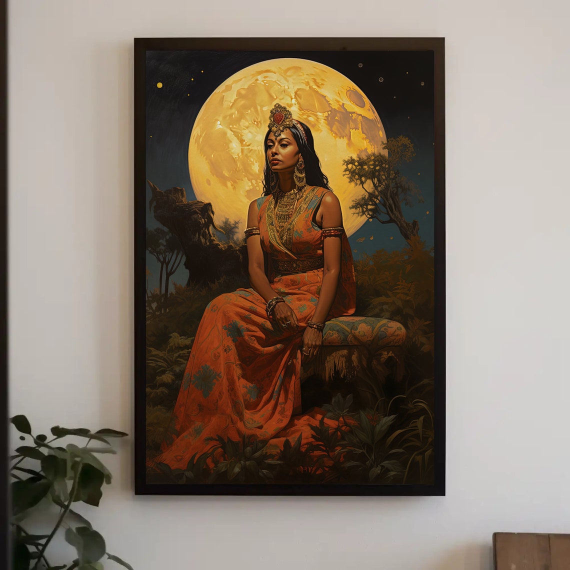 Regal Indian Woman Seated in Jungle Under Giant Full Moon Poster