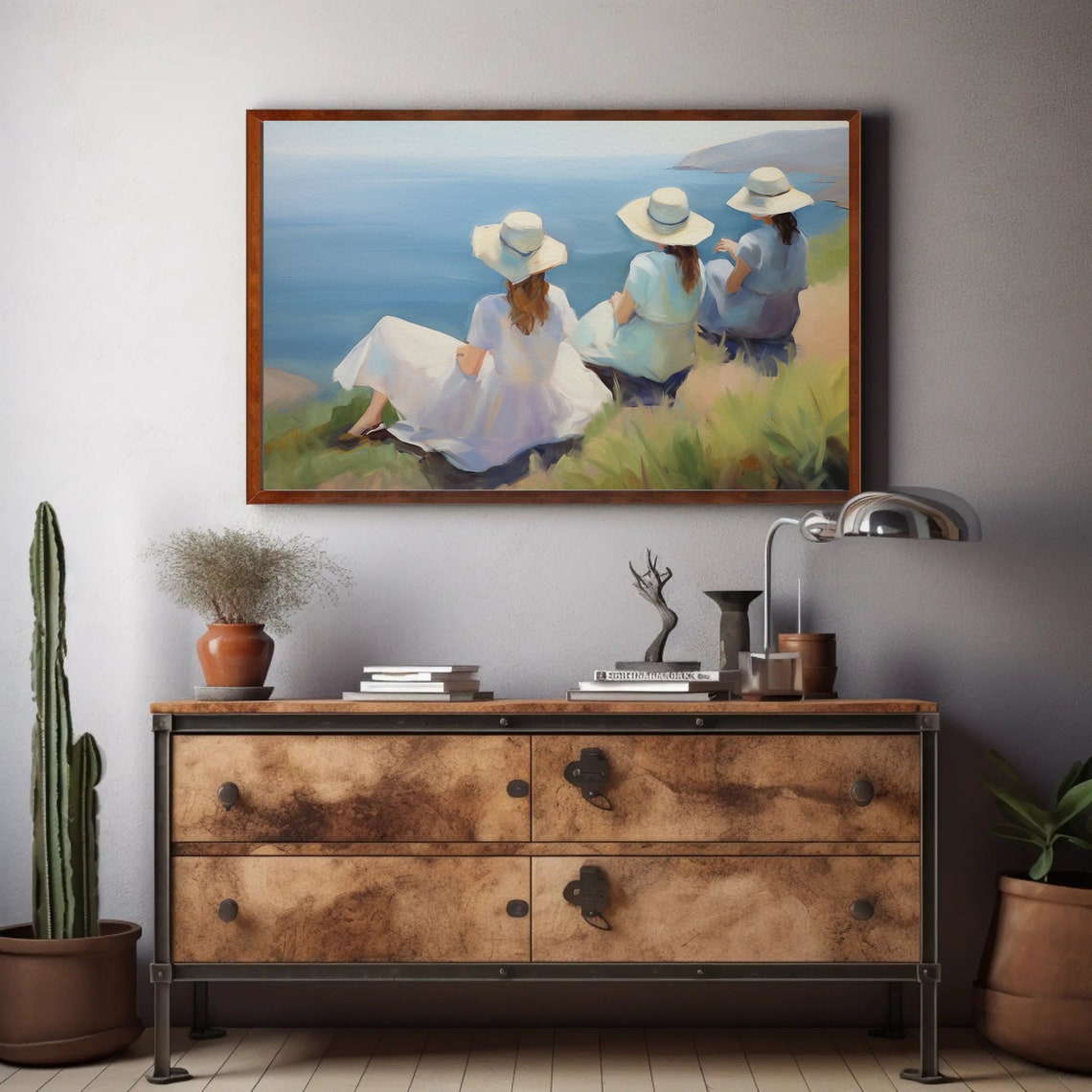 Three Best Friends in Sun Hats Gazing Over the Sparkling Ocean Poster - Image 4