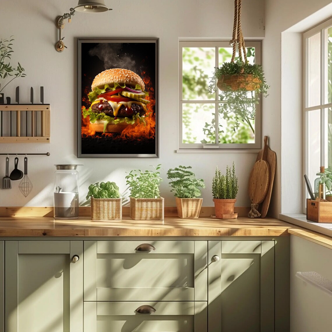 Gourmet Cheeseburger with Flames Juicy Food Photography Kitchen Poster - Image 4