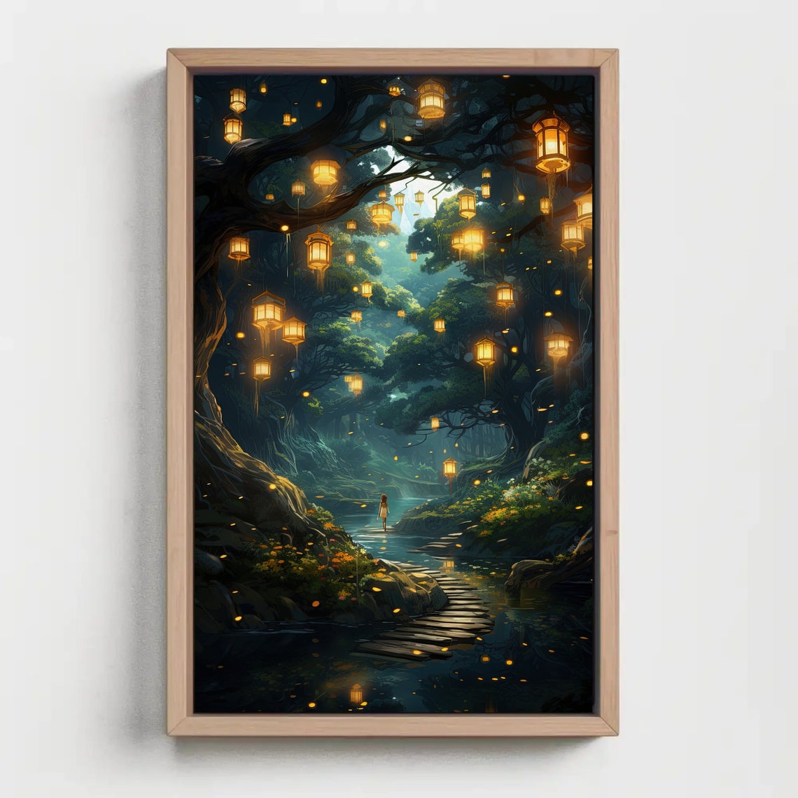 Lantern Forest Stepping Stones Stream Fantasy Night Decor Print - Image 4