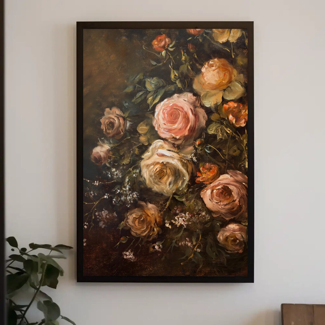 Antique Roses Oil Painting Dark Moody Floral Still Life Poster