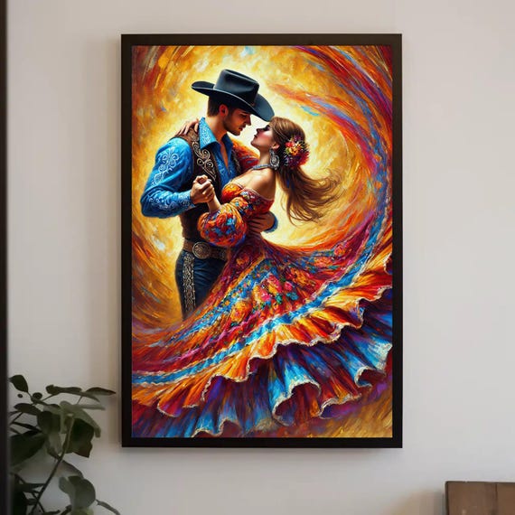 Mexican Folk Dance Painting Print Jarabe Tapato Wall Art Colorful Mexican Decor Traditional Cultural Art Ready To Hang